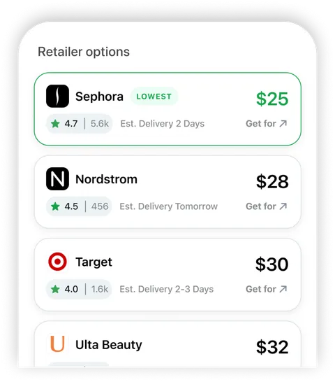 Retailer options with the lowest price highlighted