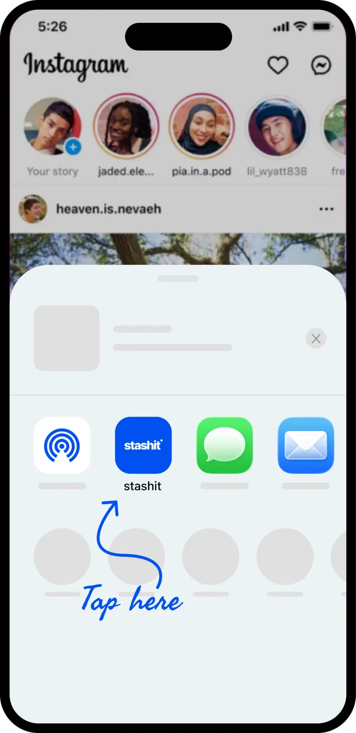 Sharing an Instagram reel into Stashit from the iOS share sheet